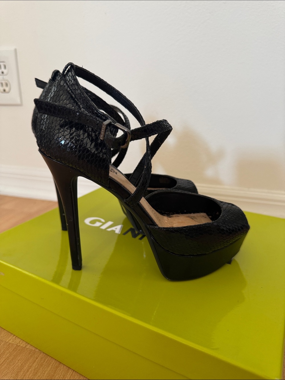 Gianni Bini Black Snake-Embossed Platform Heels with Ankle Straps